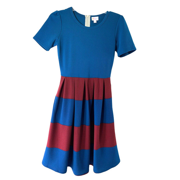 Womens Small Fit & Flare Dress Burgundy Red Blue‎ Short Sleeve Pockets - Picture 6 of 6